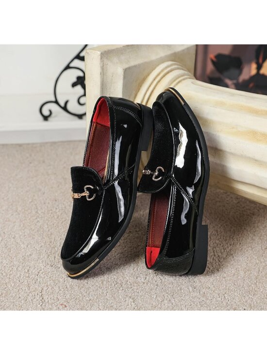 Men\'s Black Rubber Velvet Patent Leather Loafer Gold Buckle Slip On Luxury Shoes main image 4